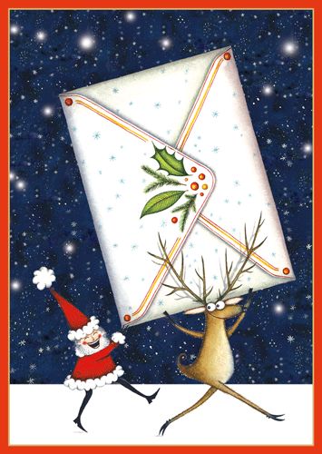 Santa And Reindeer With Envelope Christmas Card Boxed 16 cards &amp; envelopes