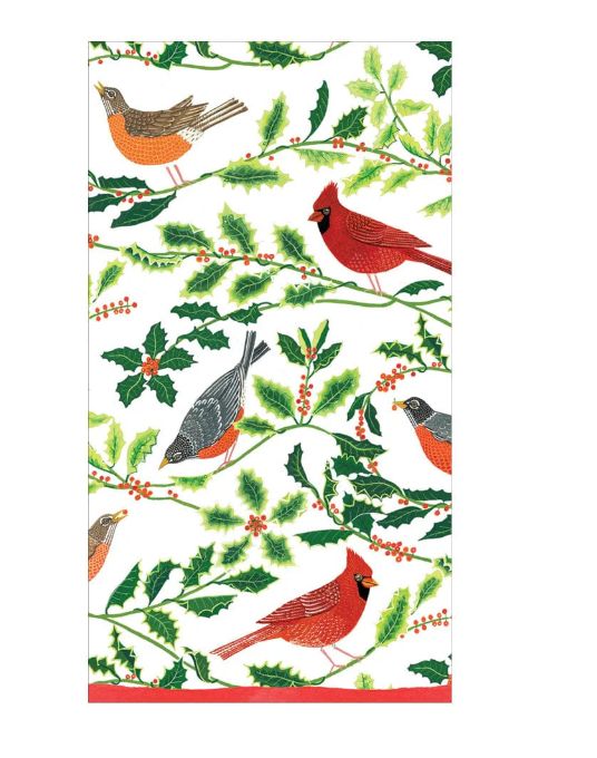 Songbirds and Holly Paper Guest Towel Napkins in White - 15 Per Package