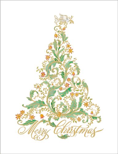 Foil Calligraphy Christmas Tree Christmas Cards Boxed - 10 Cards &amp; Envelopes