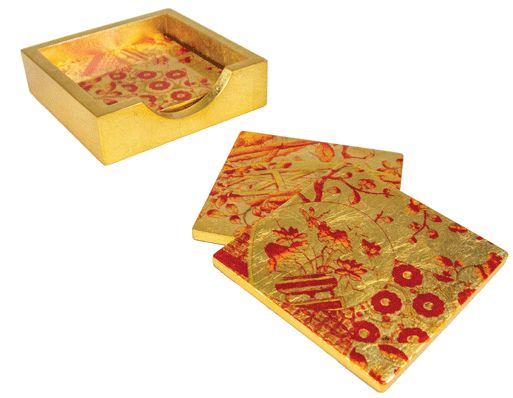 Gilded Porcelain Coral/Gold Lacquer Coaster Set