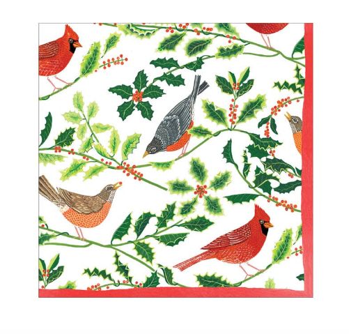 Songbirds and Holly Paper Cocktail Napkins in White - 20 Per Package