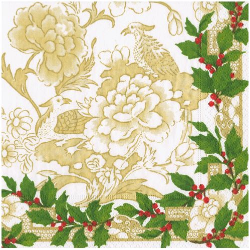 Holly Ceramic Ivory &amp; Gold Paper Dinner Napkins - 20 Per Package