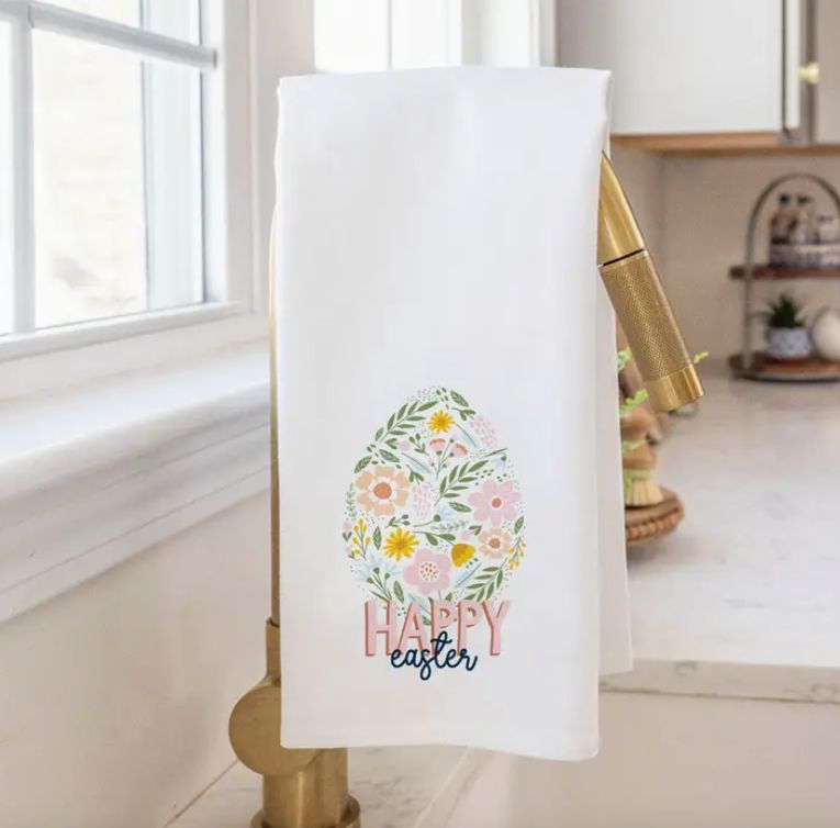 Floral Easter Egg Happy Easter Tea Towel