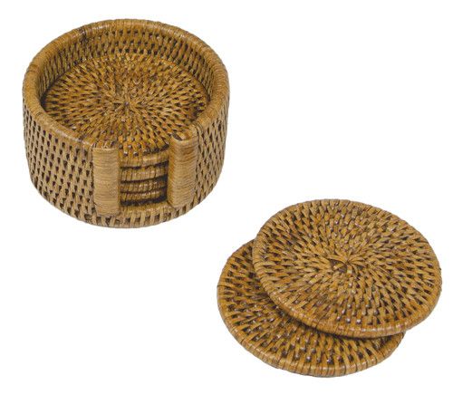 Rattan Round Coaster Set/holder Honey