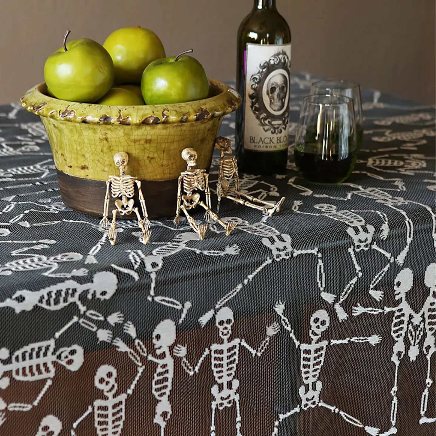 Halloween Skeleton Dance 58x58" Lace Tablecloth Pewter
