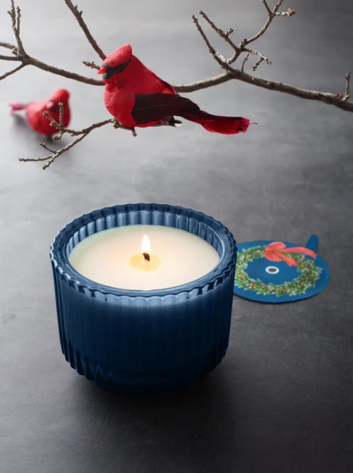 Home for the Holidays Roland Pine 6 oz Blue Single-Wick Ribbed Glass Candle