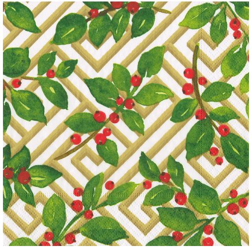 Holly and Fretwork White Dinner Napkins - 20 Per Package
