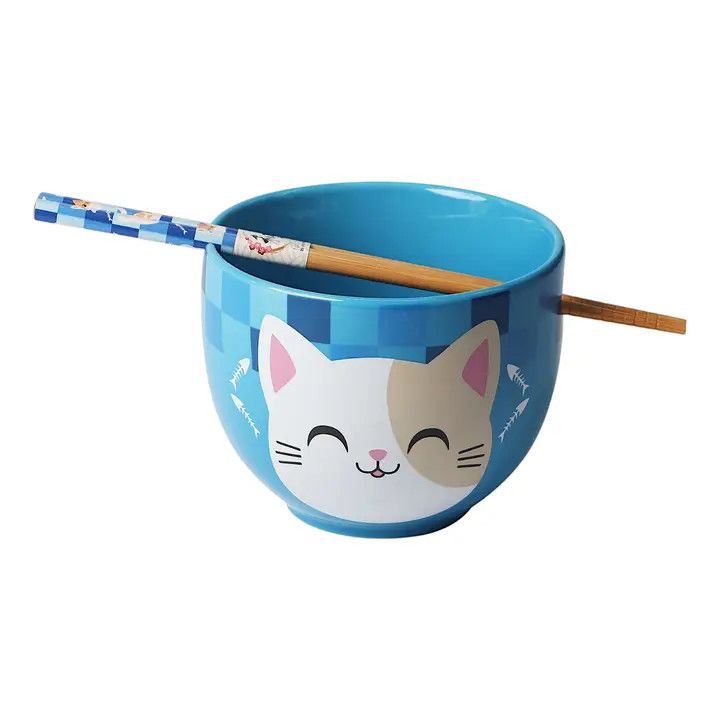 Donburi Bowl w/ Chopsticks Blue Neko