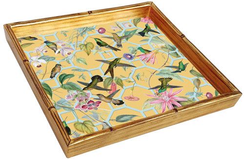 Hummingbird Trellis Gold Bamboo Edge Lacquer Square Tray