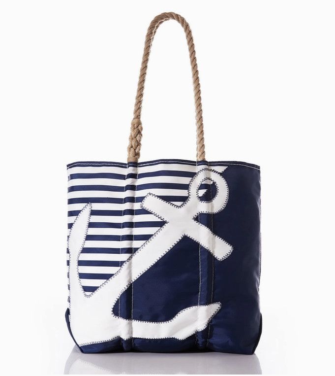 Breton Stripe White Anchor Medium Tote