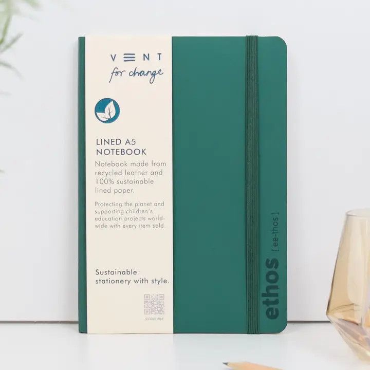 Recycled Leather Lined Notebook, Color: Emerald Green, Size: A5