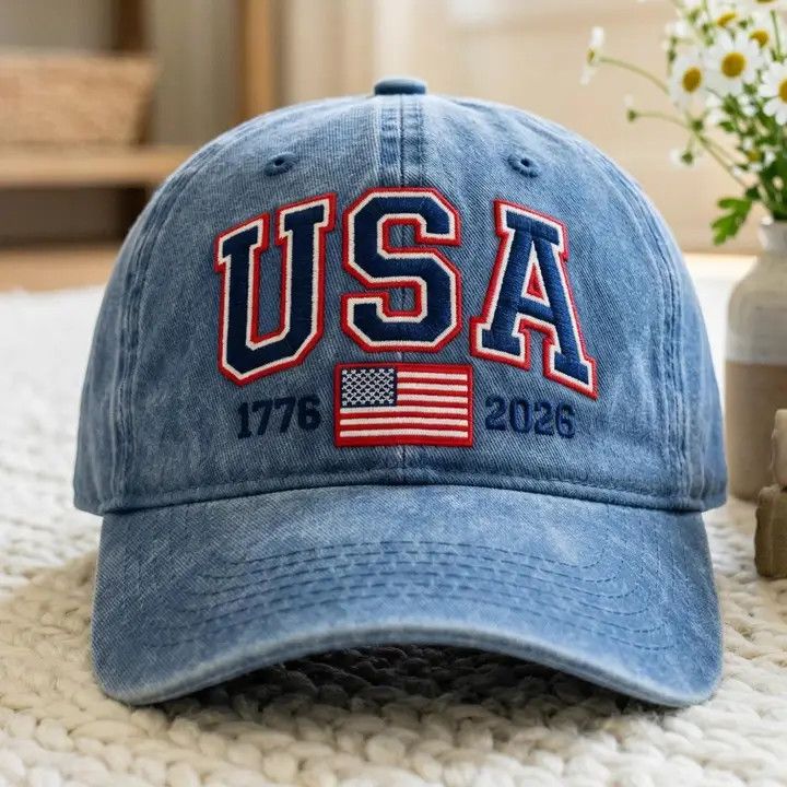 Embroidered USA Flag Cap, Patriotic 1776-2026