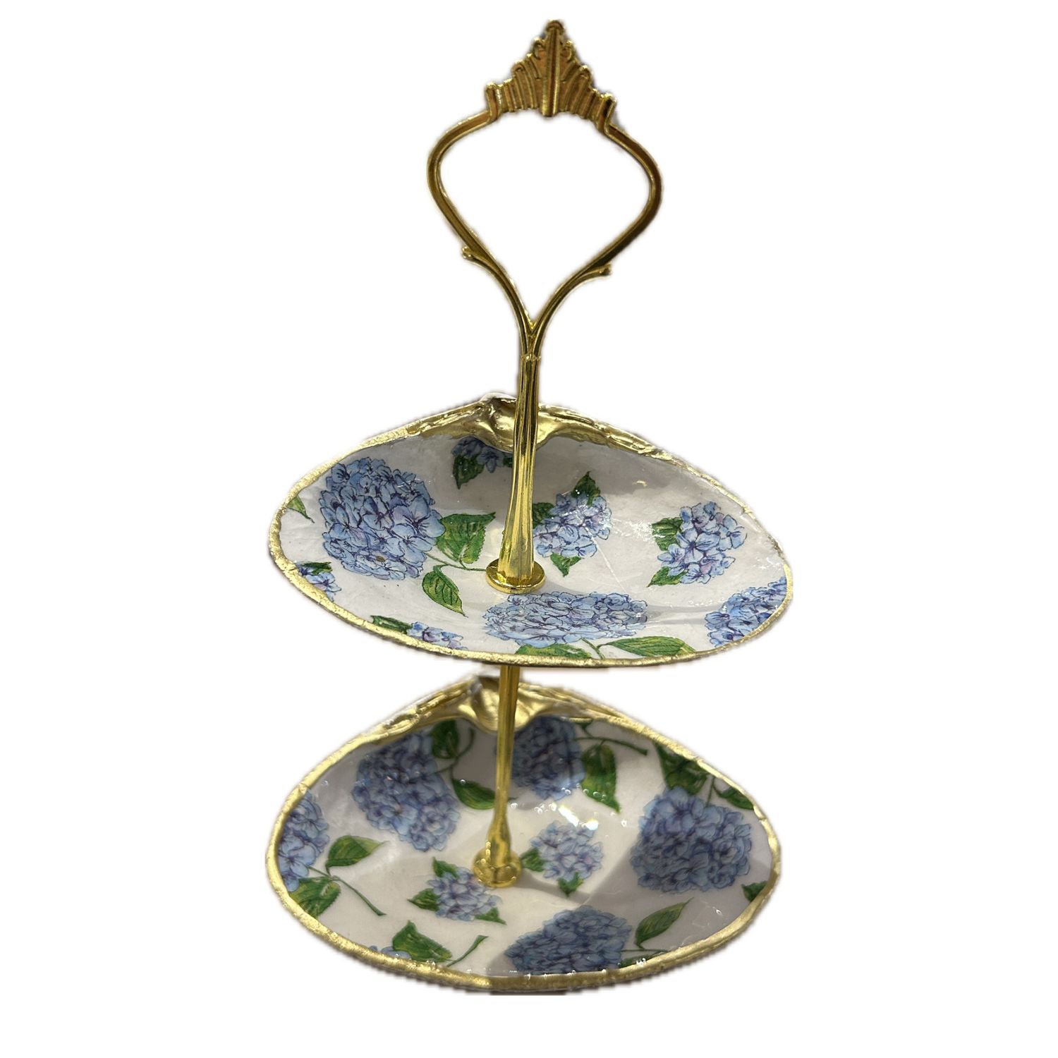 Hydrangea - Two-Tiered Decoupage Shell Jewelry Stand