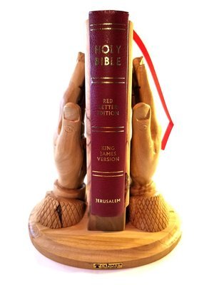 English KJV Holy Bible with Olive Wood Cover from Jerusalem, with Praying Hands Bible Holder