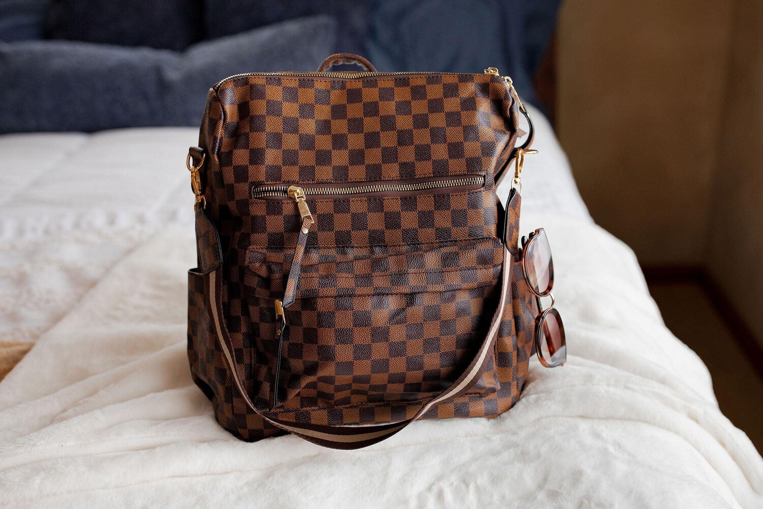 Brown Checkered Carry All Backpack