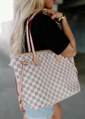 Ivory Checkered Carry All Handbag
