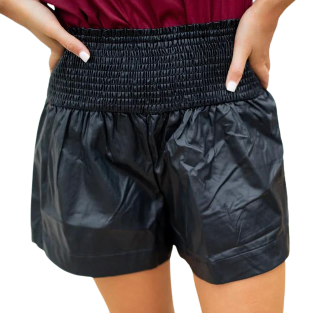 TCEC Smocked Faux Leather Swing Shorts