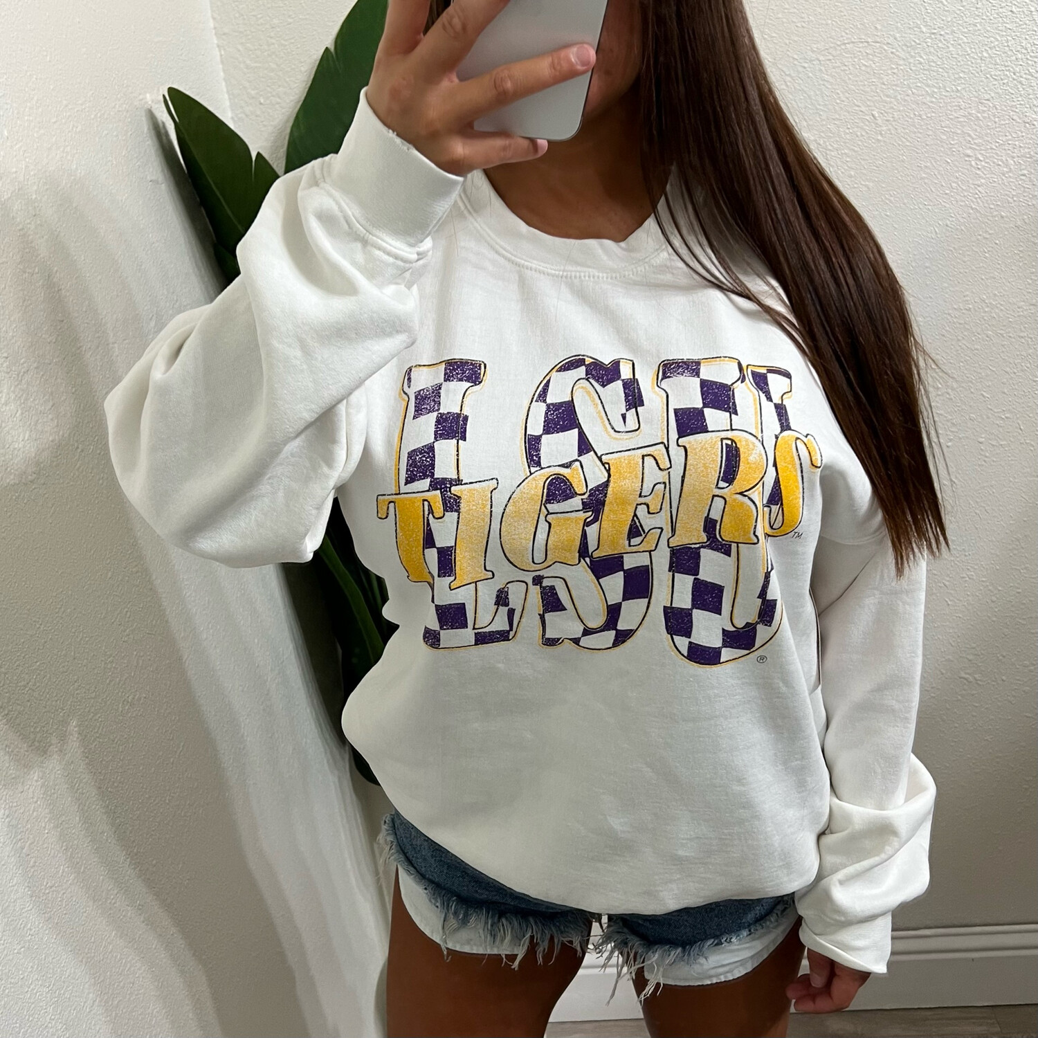 LSU Checkered Logo Thrifted Pullover