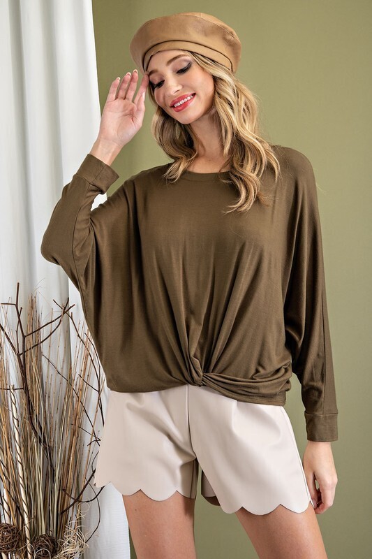 Olive Twist Front Long Sleeve Top