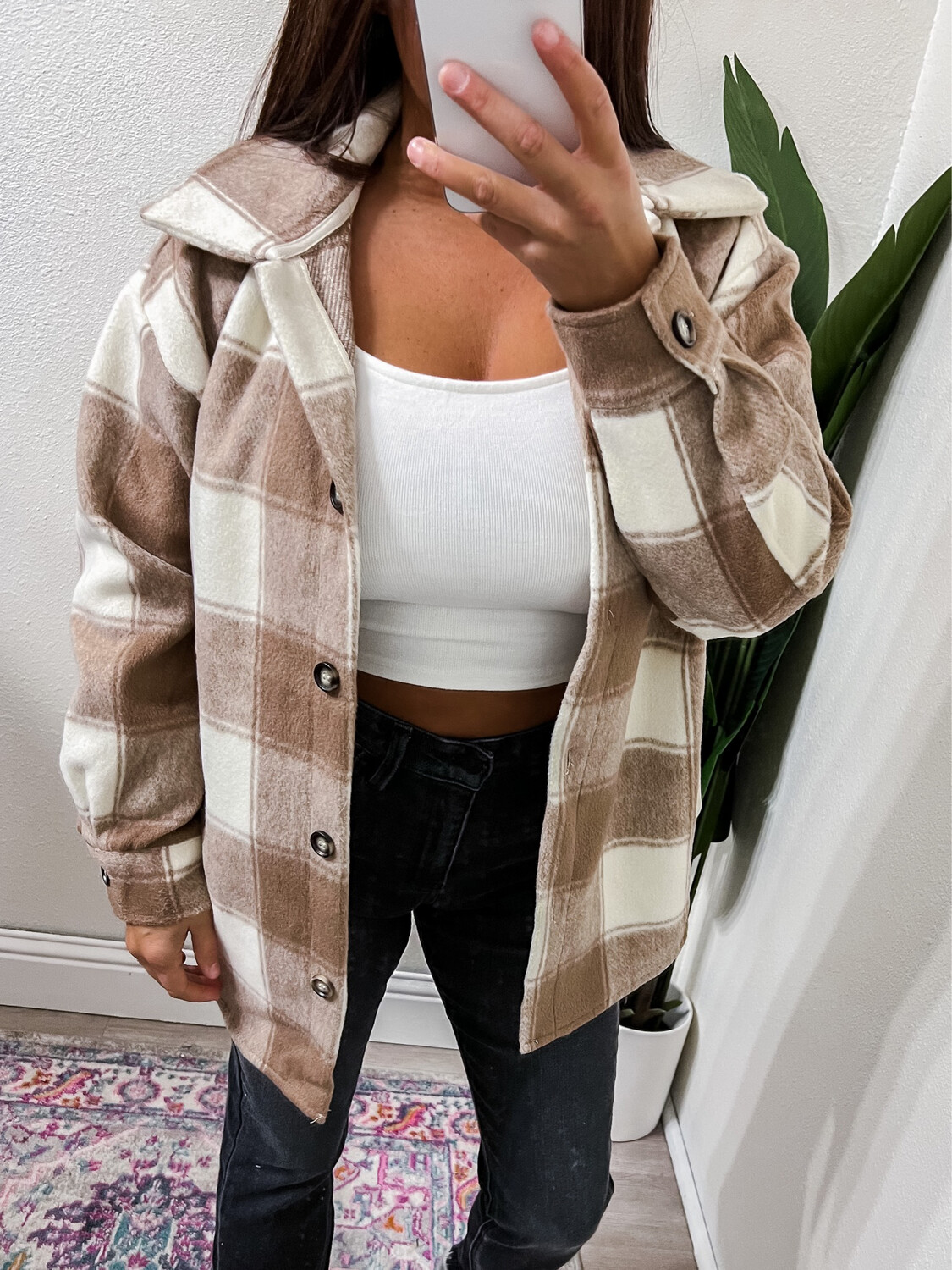 Tan &amp; Ivory Plaid Shacket