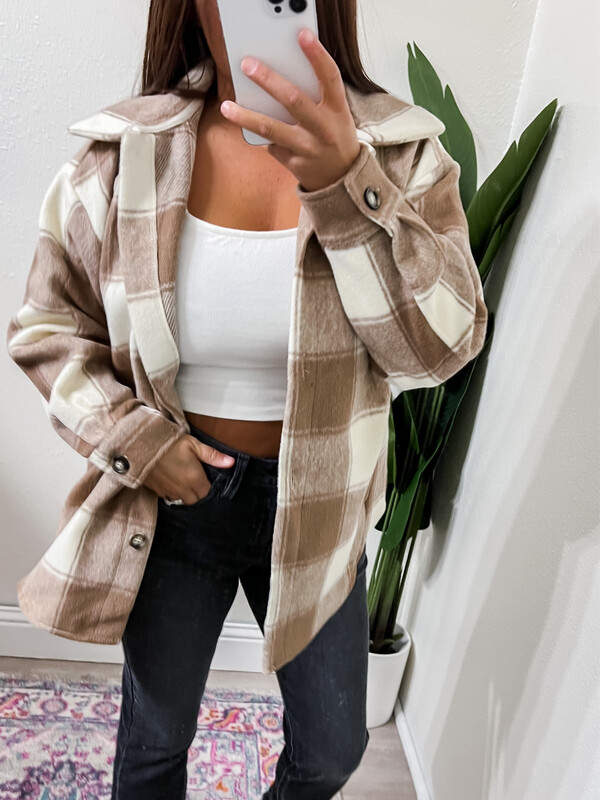 Tan &amp; Ivory Plaid Shacket