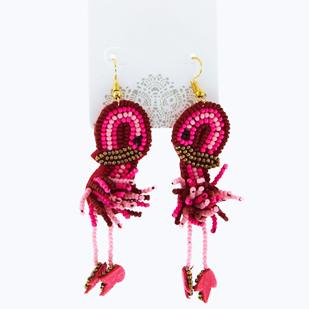 Pink & Gold Beaded Flamingo Earrings
