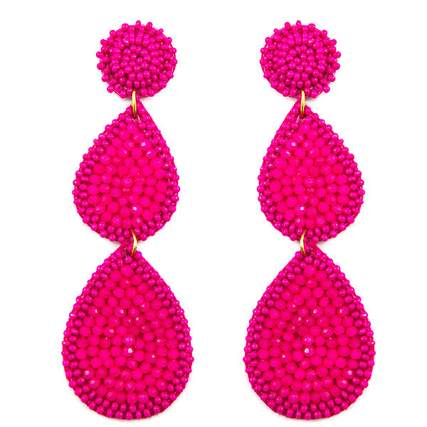 Hot Pink Beaded Teardrop Earrings