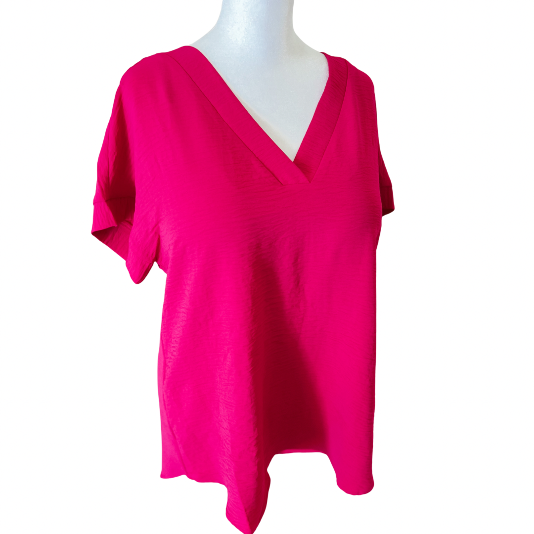 Hot Pink Woven V Neck Top