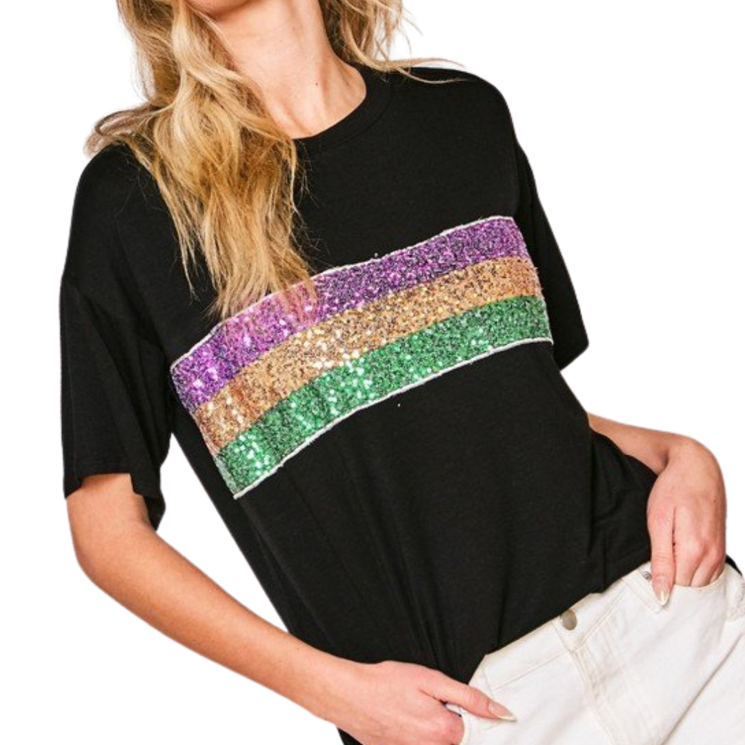 Mardi Gras Sequin Color Block Short Sleeve Stripe Top