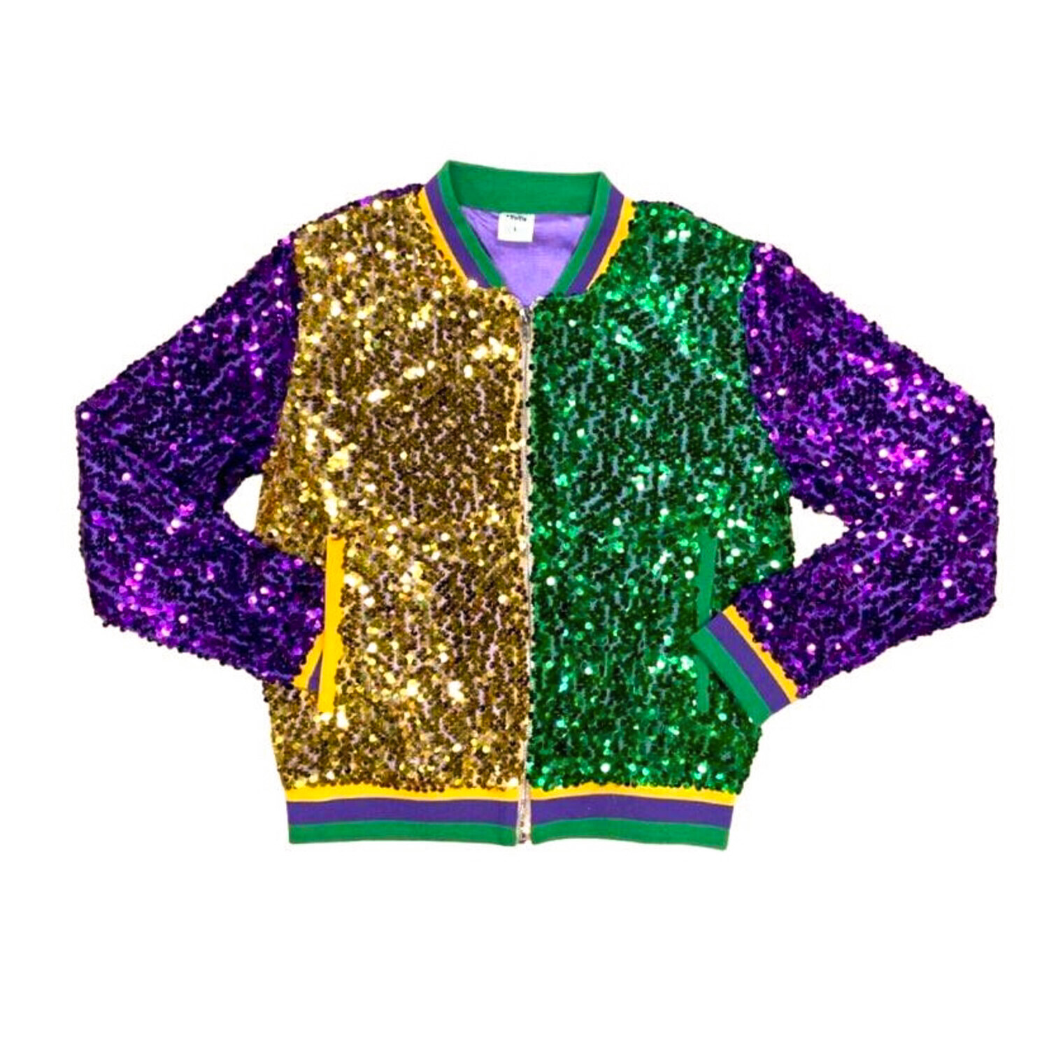Sequin Mardi Gras Color Block Bomber Jacket