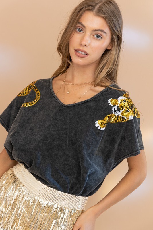 Sequined Tiger Shoulder Top