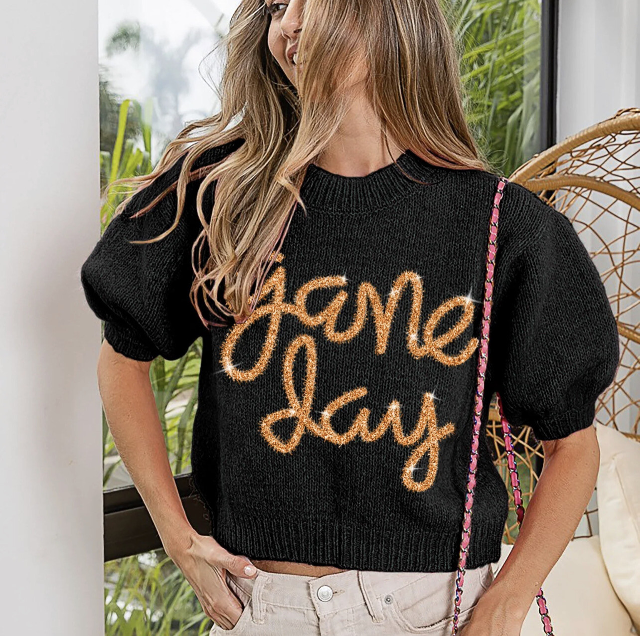 Black & Gold Game Day Tinsel Puff Sleeve Top