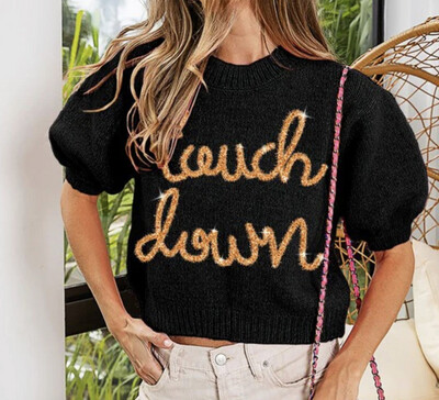 Game Day Tinsel Puff Sleeve Top - Black & Gold