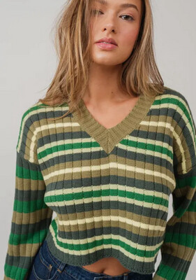 Green Striped Cropped Sweater