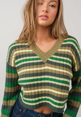 Green Stripe Cropped Sweater