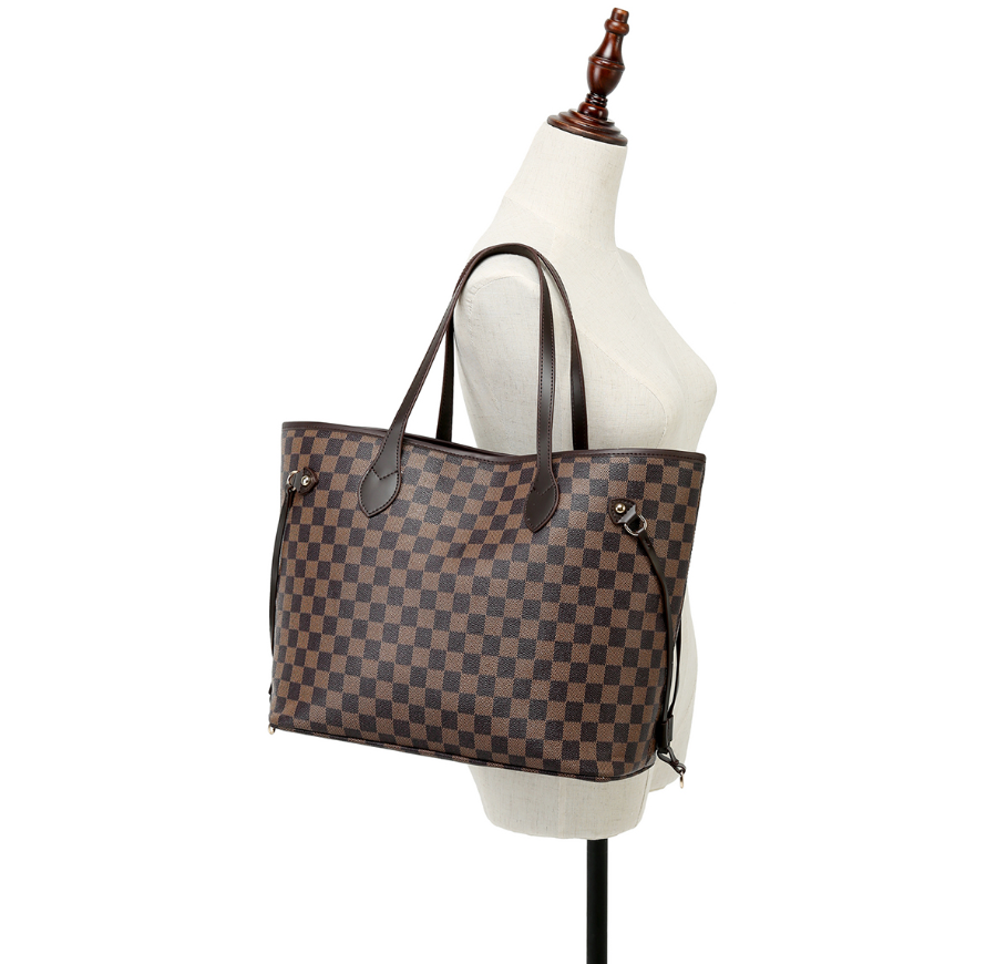 Brown Checkered Carry All Handbag
