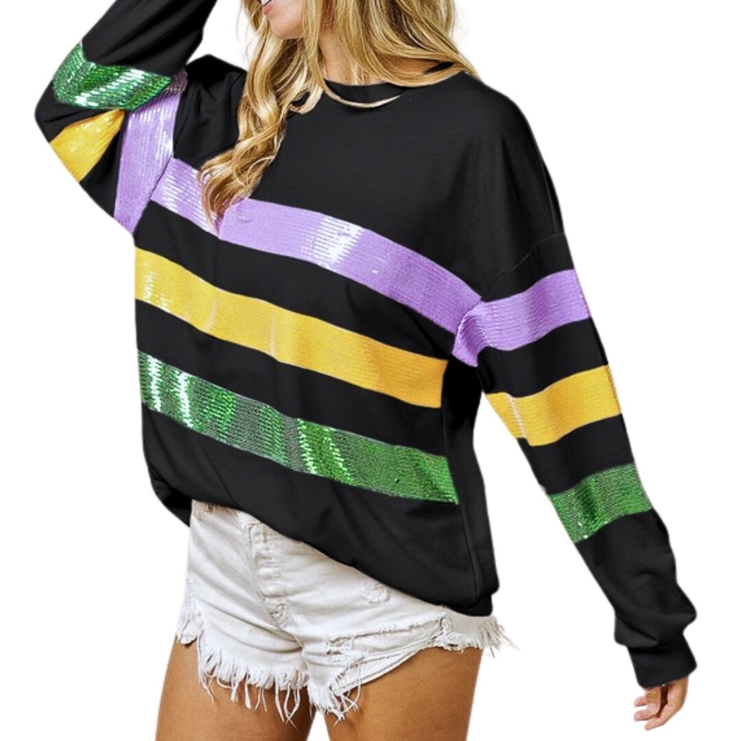 Mardi Gras Sequin Stripe Pullover, Size: S