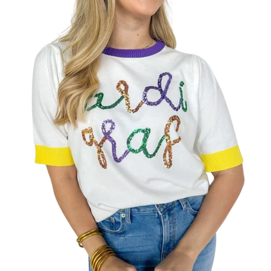 Mardi Gras Sequin Puff Sleeve Sweater Top