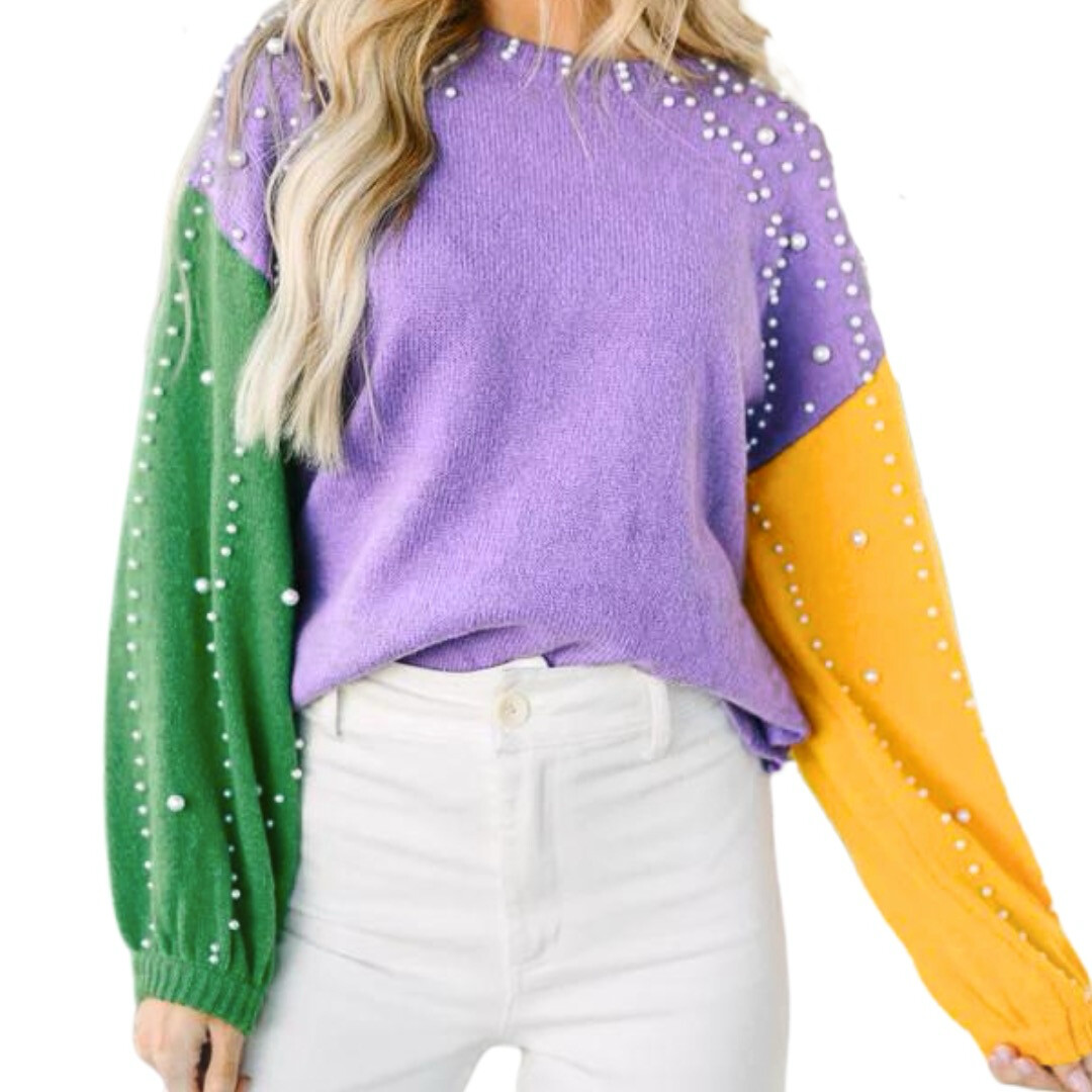 Mardi Gras Color Block Pearl Sweater