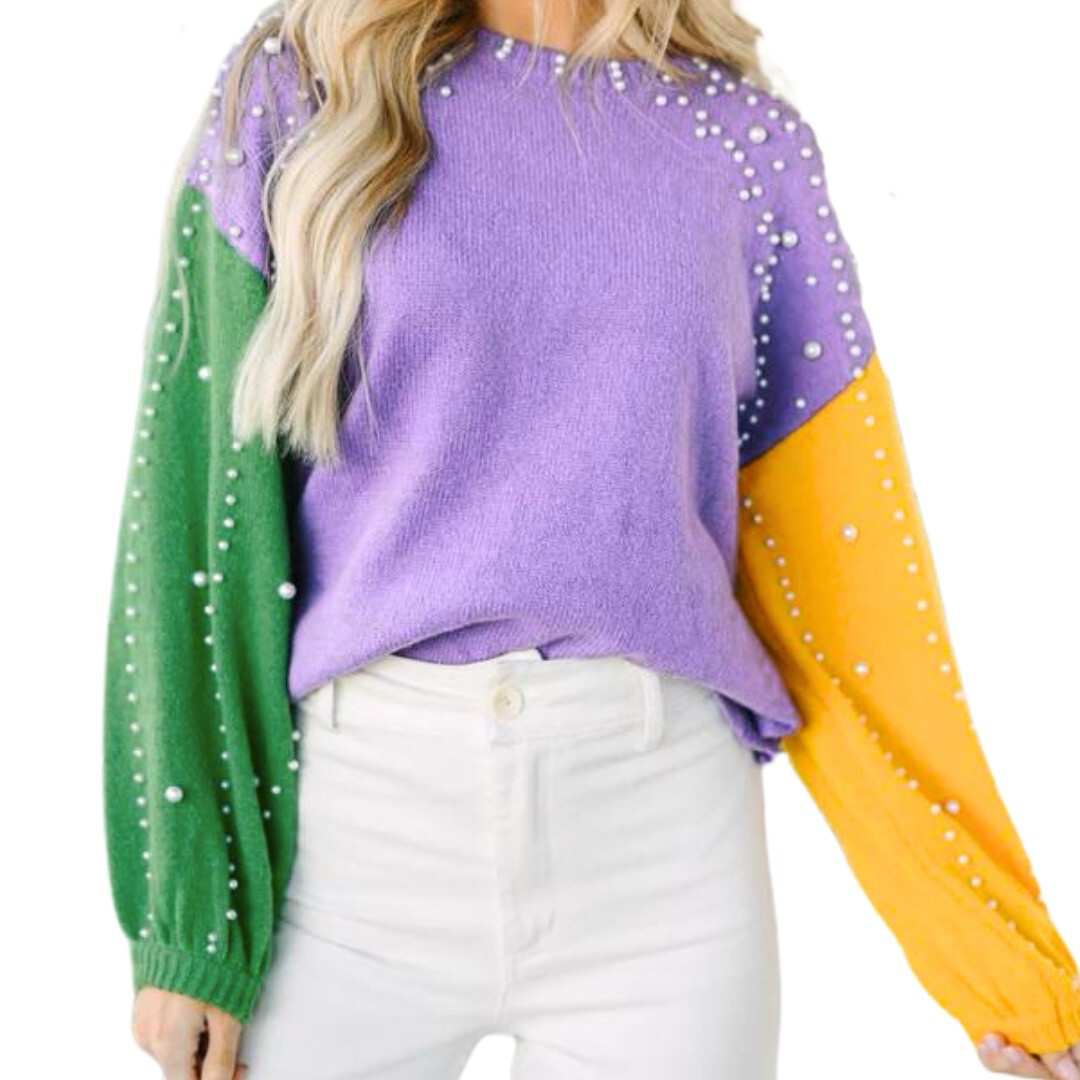 Mardi Gras Color Block Pearl Sweater