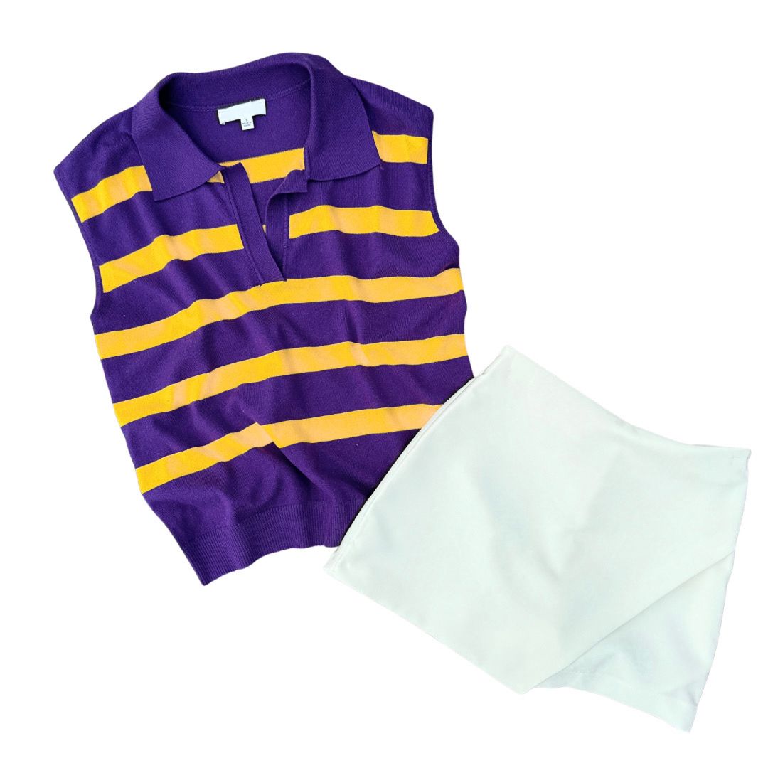 Purple &amp; Gold Striped Sleeveless Polo
