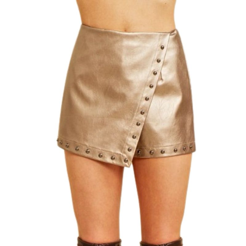 Gold Faux Leather Front Wrap Skort