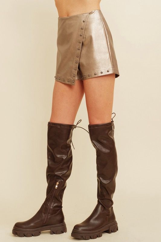 Gold Faux Leather Front Wrap Skort