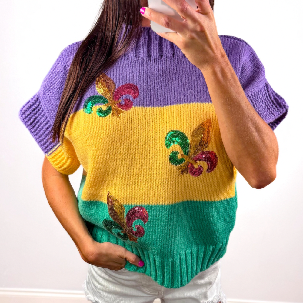 Mardi Gras Color Block Sweater Top