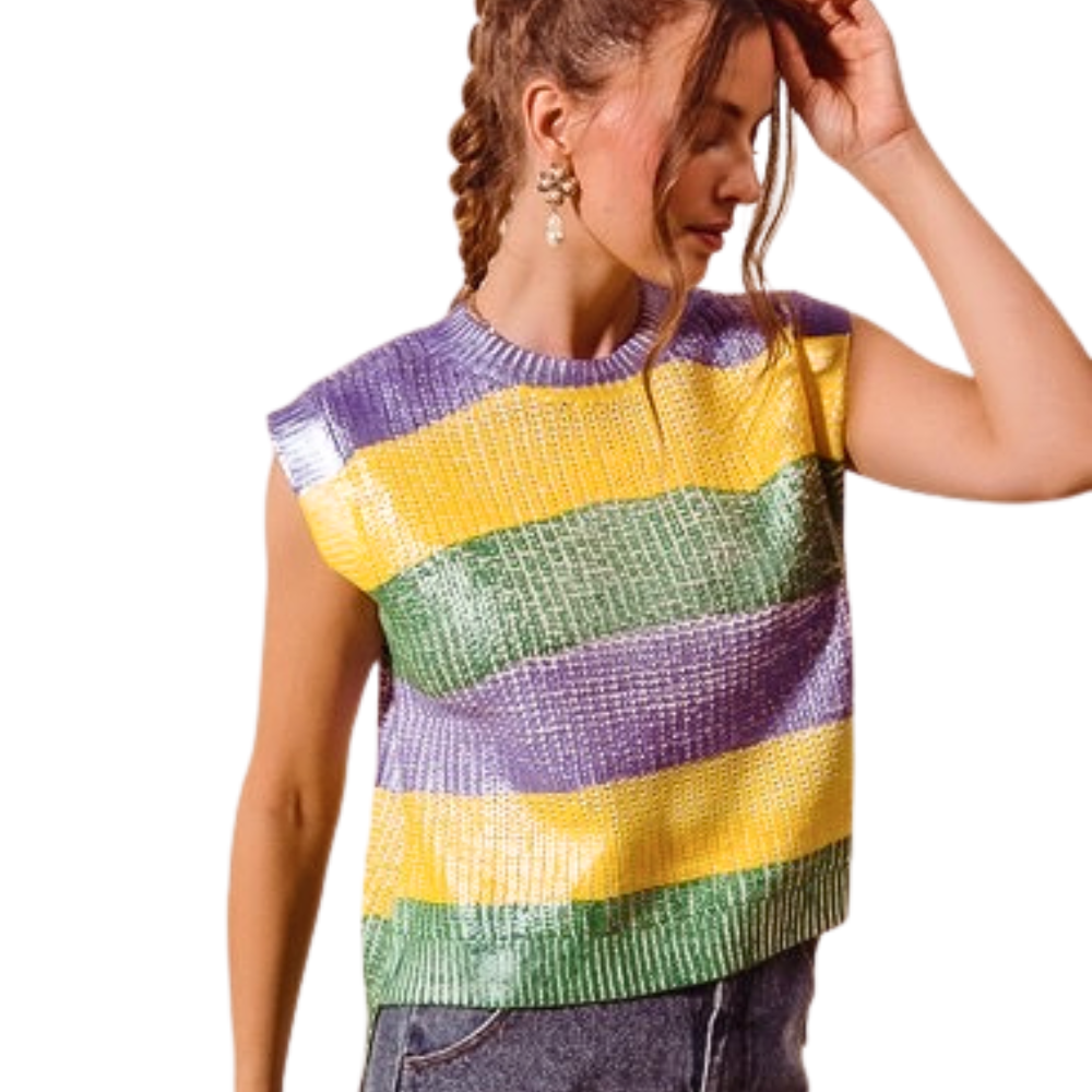 Metallic Stripe Mardi Gras Sweater Tank