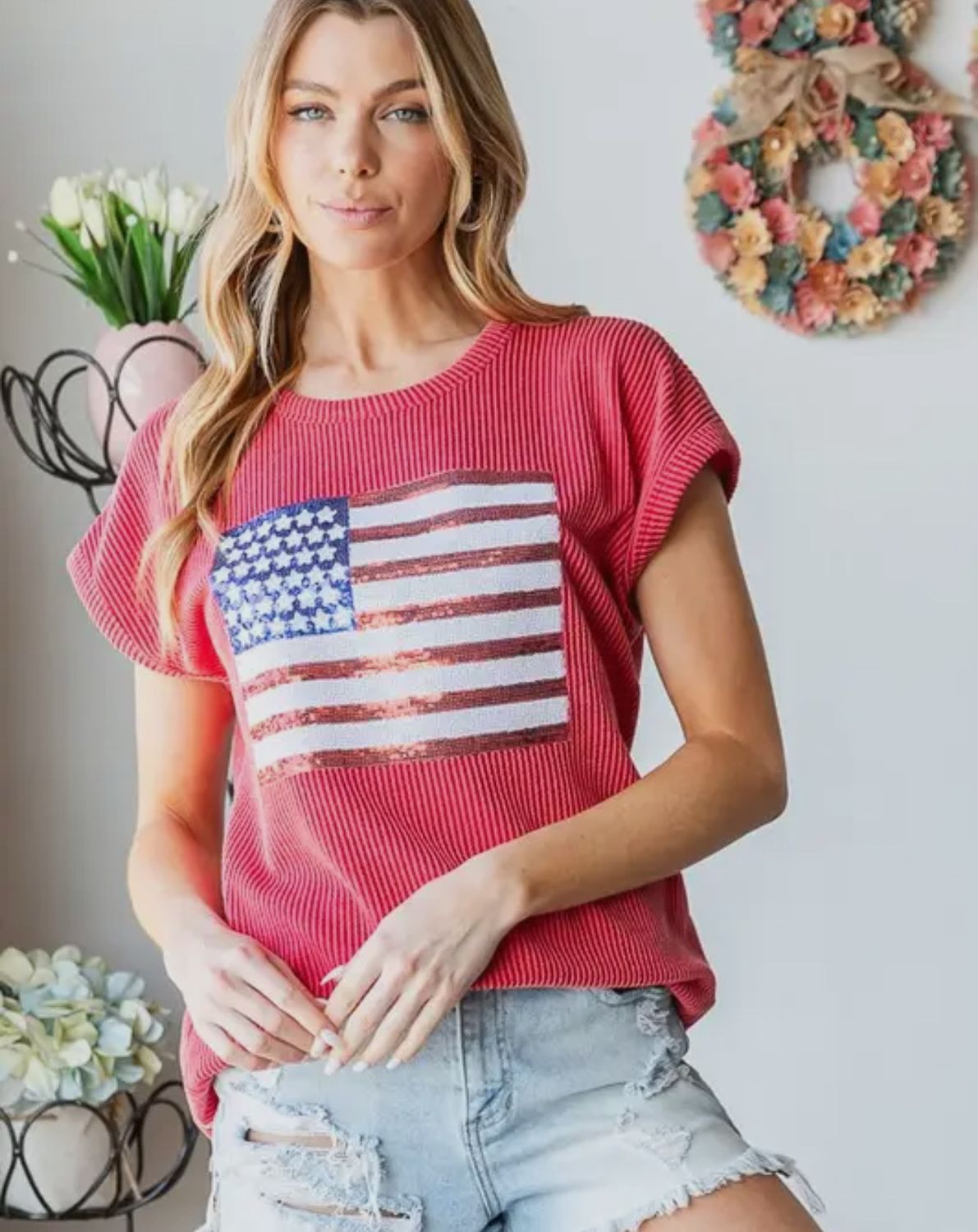 Sequin Flag Top - Red