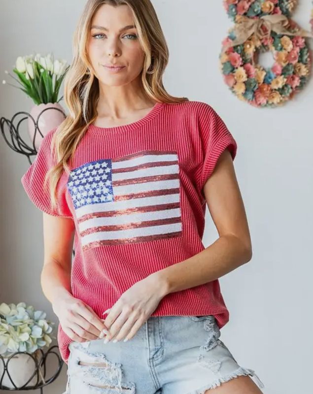 Sequin Flag Top - Red