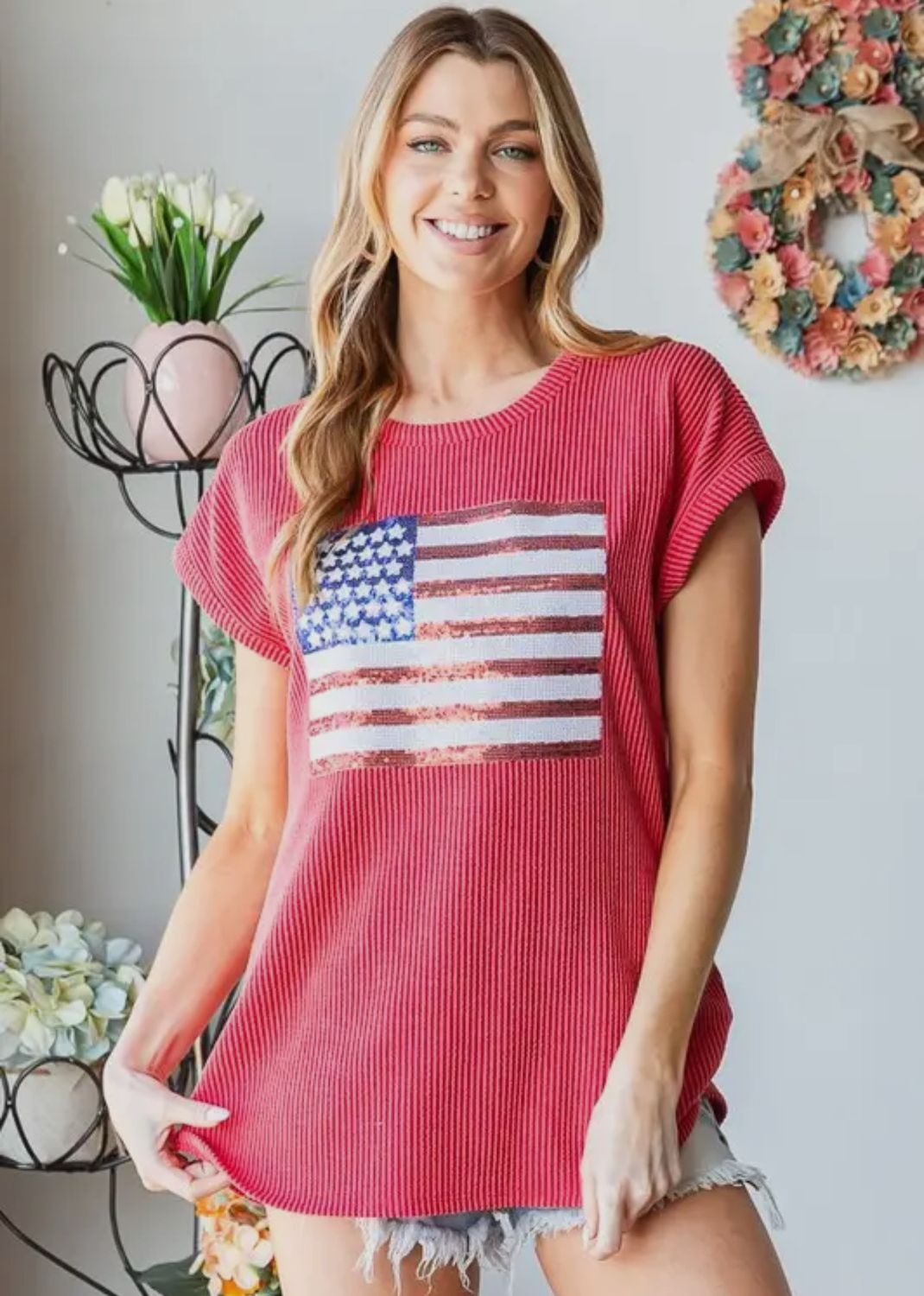 Sequin Flag Top - Red