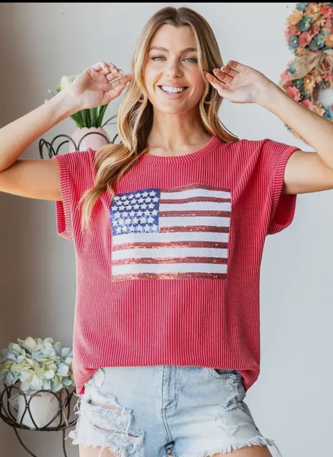 Sequin Flag Top - Red