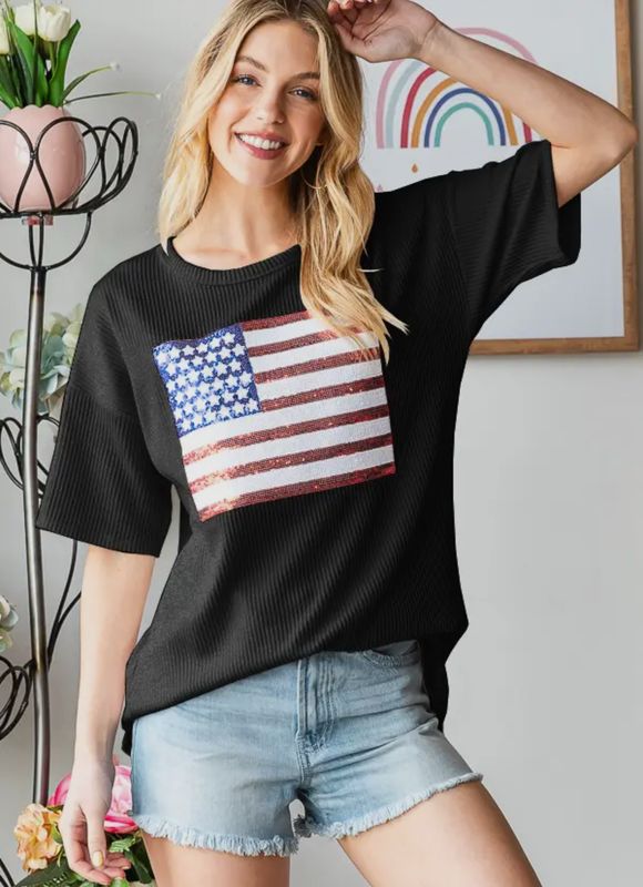 Sequin Flag Top - Black
